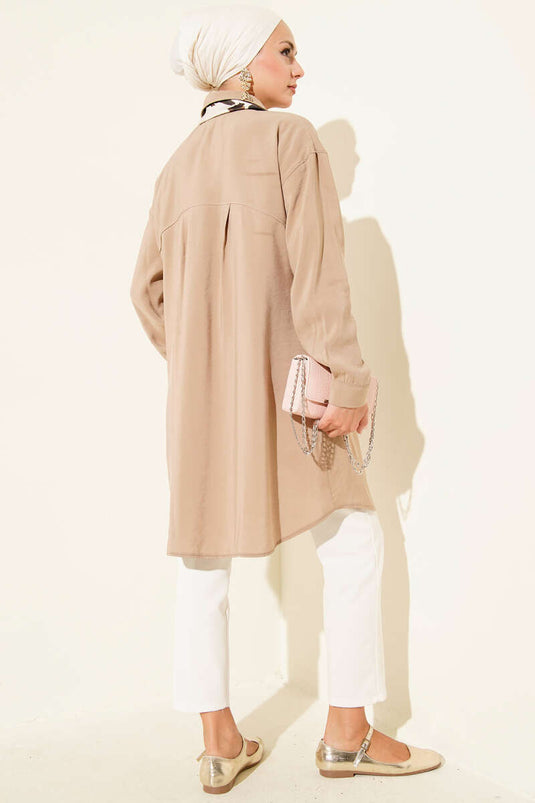 Stone Buttoned Long Tunic Latte