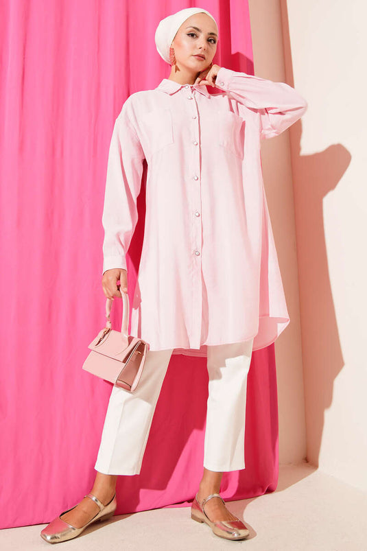 Long Tunic with Stone Buttons, Pink