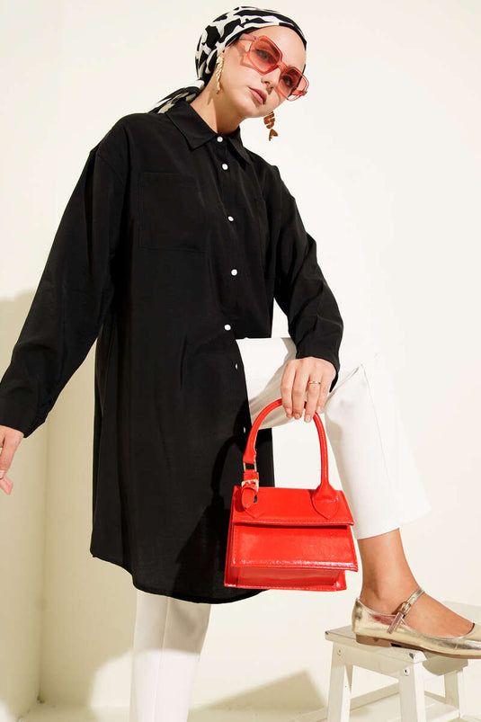 Tunique longue avec boutons en pierre, noire