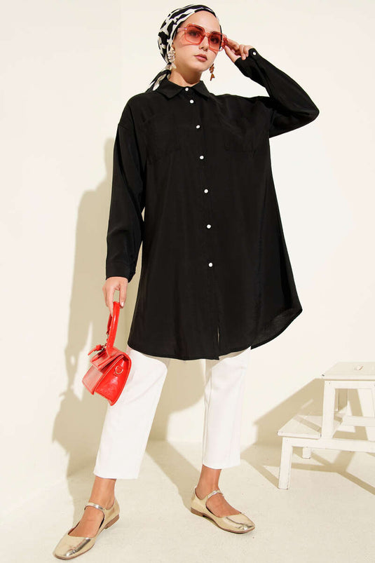 Tunique longue avec boutons en pierre, noire