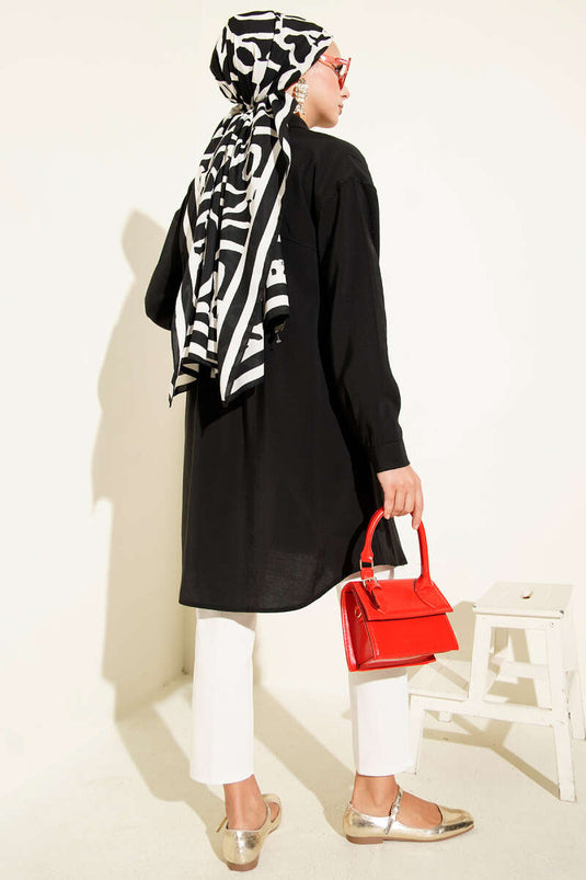 Tunique longue avec boutons en pierre, noire