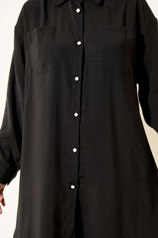 Tunique longue avec boutons en pierre, noire