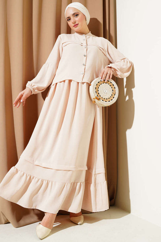 Stone Buttoned Flounce Skirted Two Piece Suit Beige