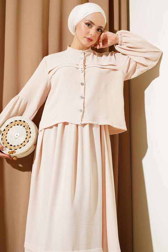 Stone Buttoned Flounce Skirted Two Piece Suit Beige