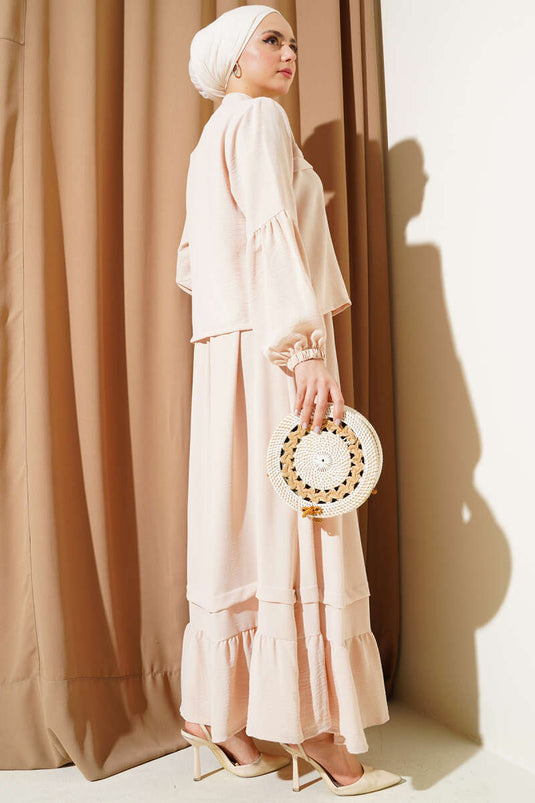 Stone Buttoned Flounce Skirted Two Piece Suit Beige