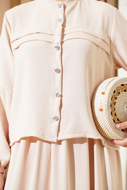 Stone Buttoned Flounce Skirted Two Piece Suit Beige