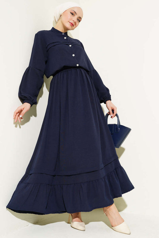 Stone Buttoned Flounce Skirted Two Piece Suit Navy Blue