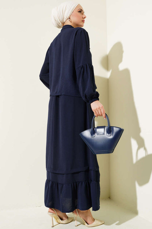 Stone Buttoned Flounce Skirted Two Piece Suit Navy Blue