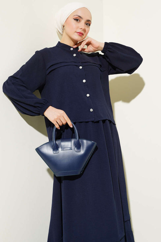 Stone Buttoned Flounce Skirted Two Piece Suit Navy Blue