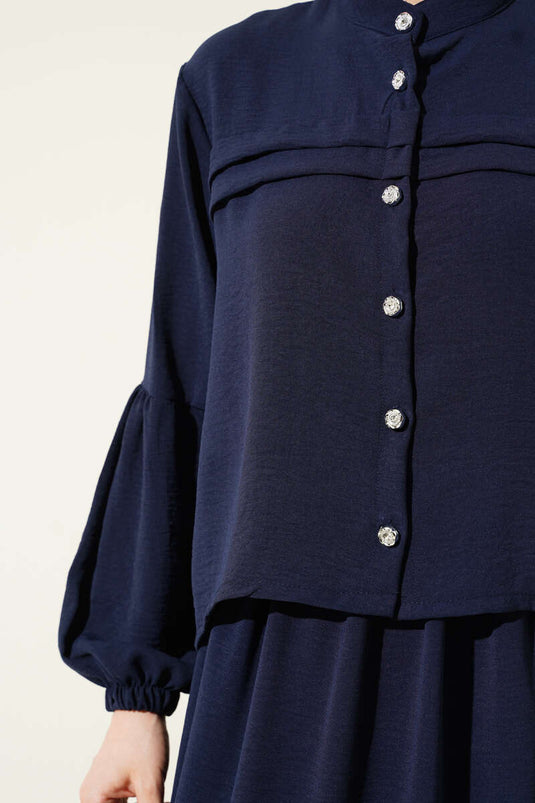 Stone Buttoned Flounce Skirted Two Piece Suit Navy Blue