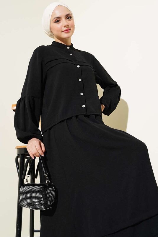 Abito due pezzi con gonna a balze e bottoni in pietra, nero