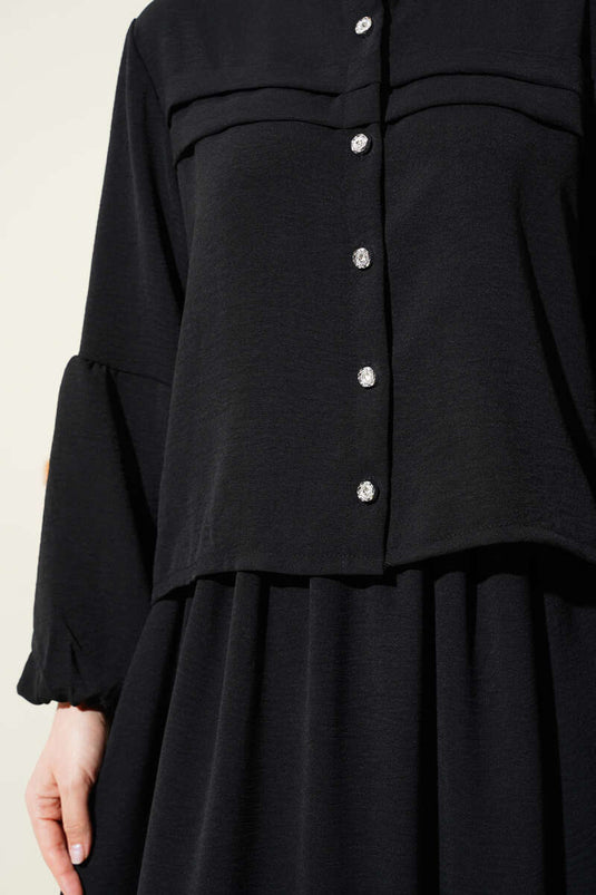 Abito due pezzi con gonna a balze e bottoni in pietra, nero