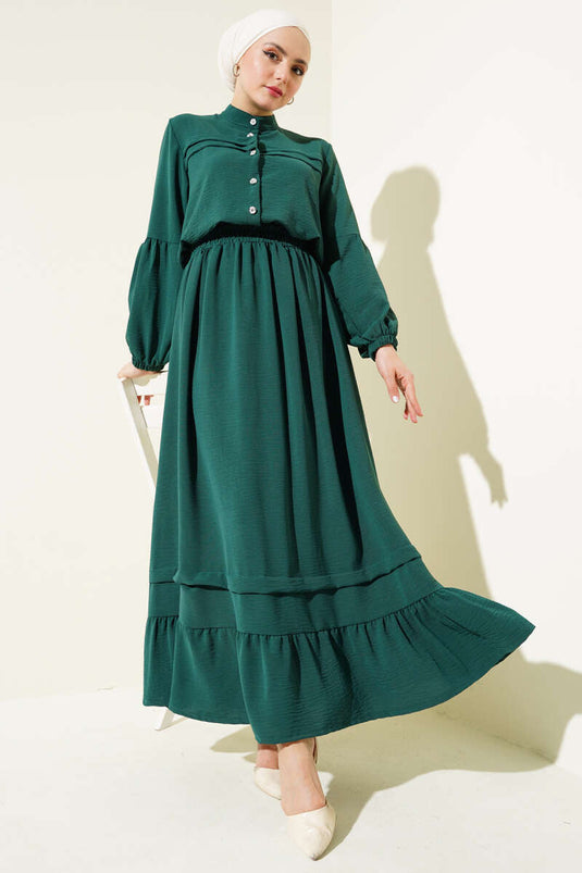 Stone Buttoned Flounce Skirted Two Piece Suit Emerald