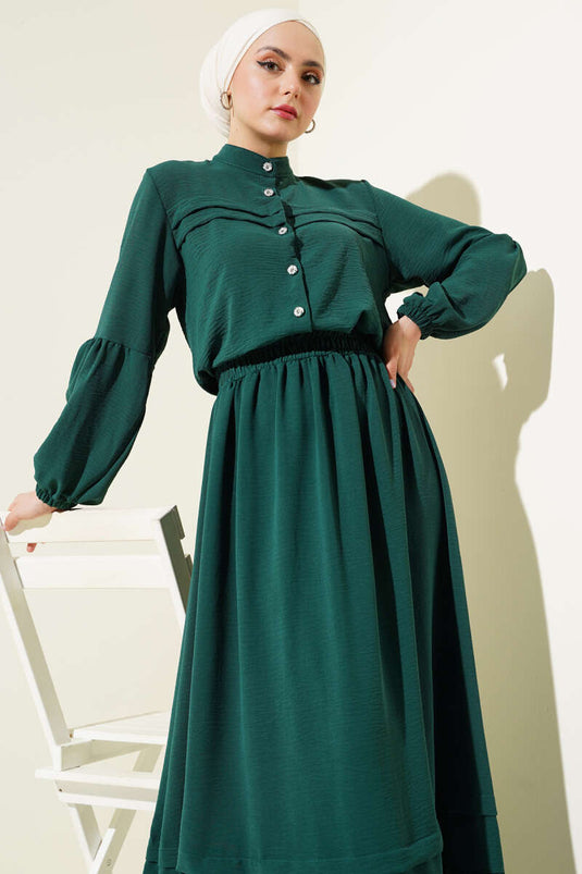 Stone Buttoned Flounce Skirted Two Piece Suit Emerald