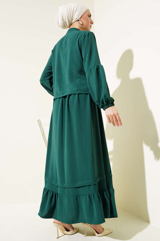 Stone Buttoned Flounce Skirted Two Piece Suit Emerald