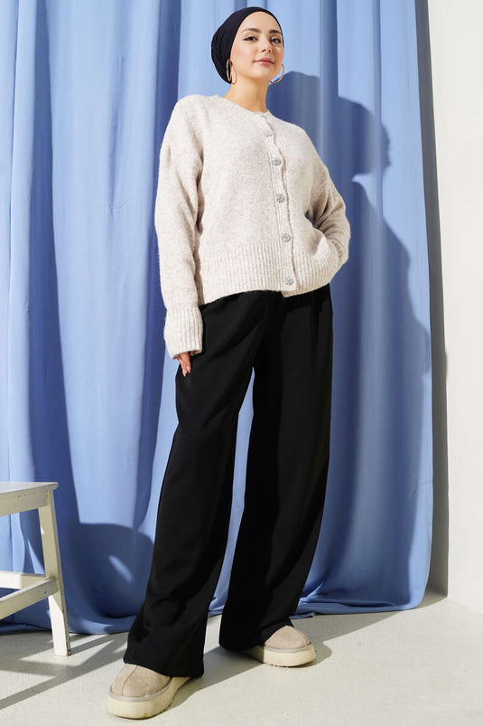 Soft Knitwear Short Cardigan with Stone Buttons, Beige