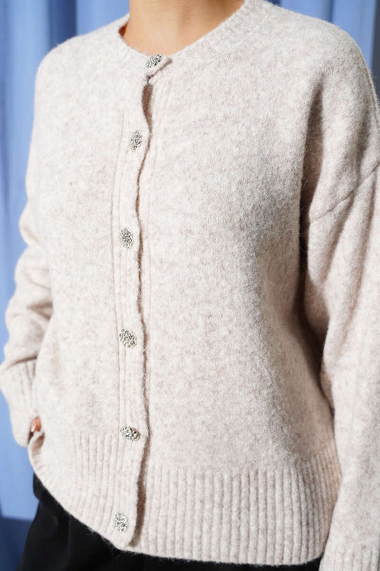 Soft Knitwear Short Cardigan with Stone Buttons, Beige
