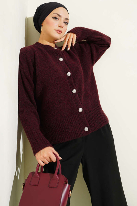 Stone Buttoned Soft Knitwear Short Cardigan Burgundy