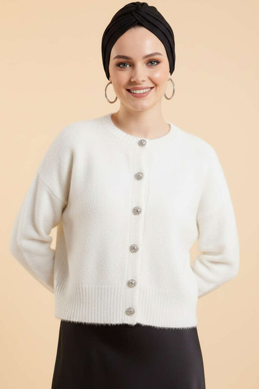 Taş Düğmeli Yumoş Triko Kısa Hırka Ekru