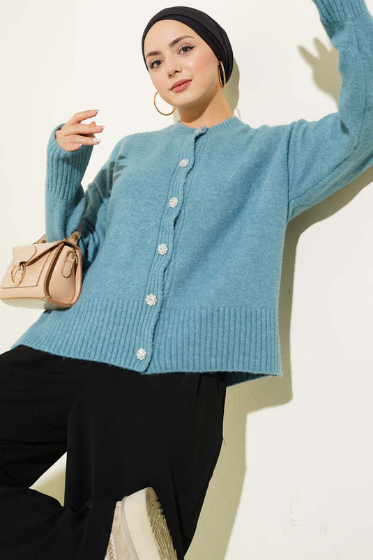 Soft Knitwear Short Cardigan with Stone Buttons, Mint