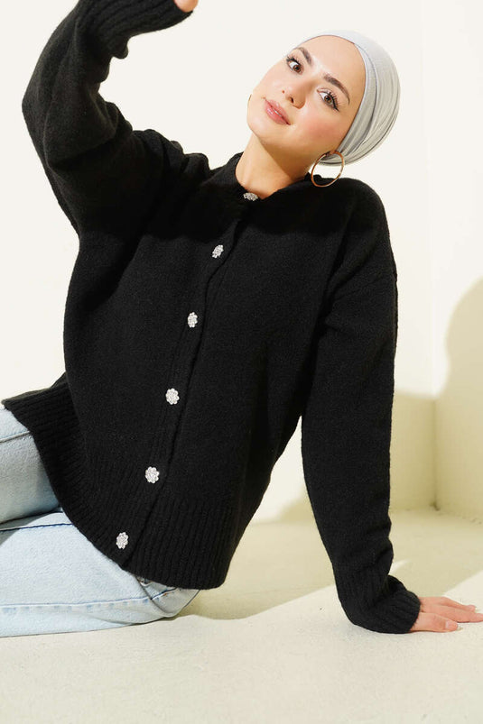 Soft Knitwear Short Cardigan with Stone Buttons, Black