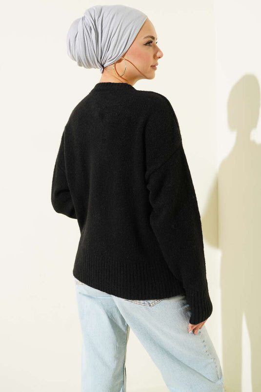 Soft Knitwear Short Cardigan with Stone Buttons, Black