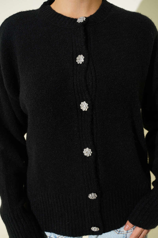 Soft Knitwear Short Cardigan with Stone Buttons, Black