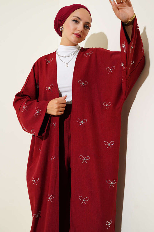 Stone Bow Kimono Two-Piece Set Burgundy