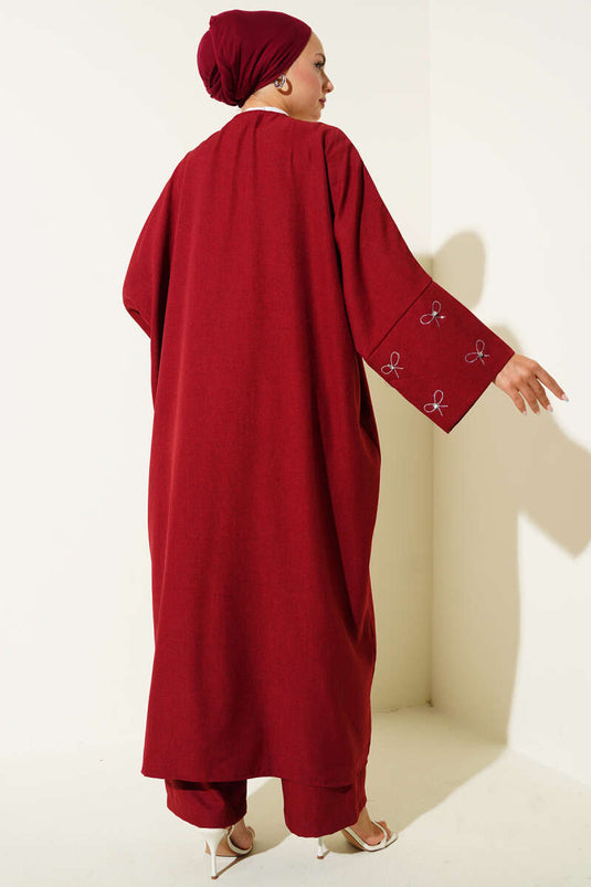 Stone Bow Kimono Two-Piece Set Burgundy