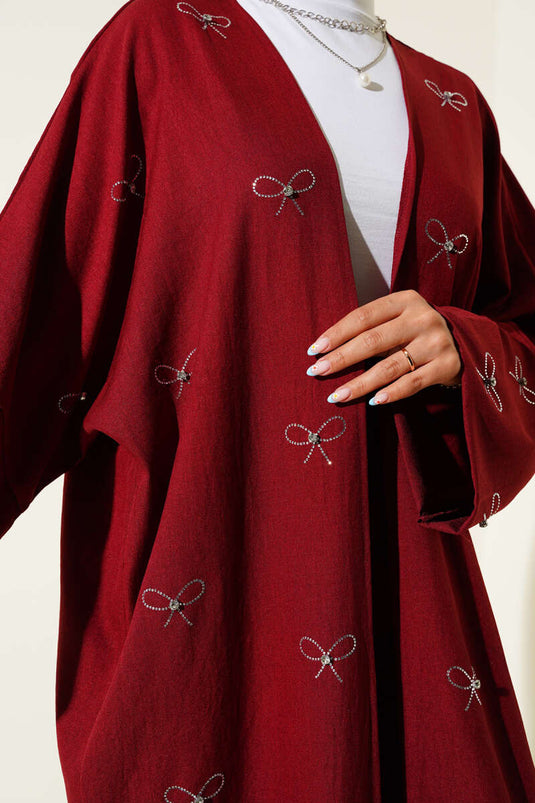 Stone Bow Kimono Two-Piece Set Burgundy