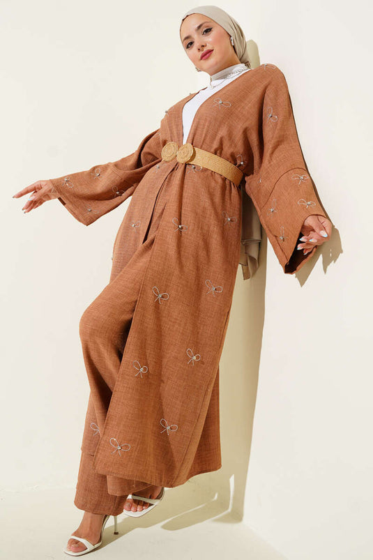 Stone Bow Kimono Two-Piece Set Tan