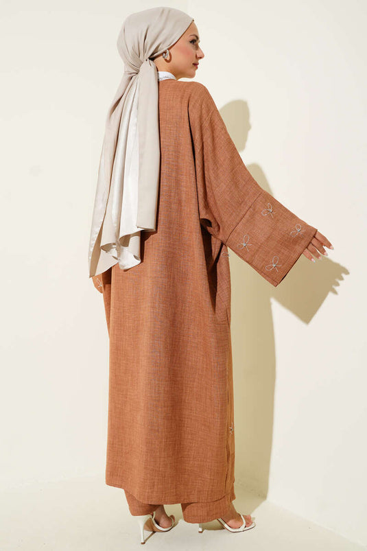 Stone Bow Kimono Two-Piece Set Tan