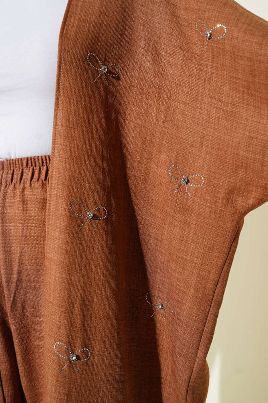 Stone Bow Kimono Two-Piece Set Tan