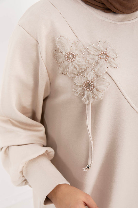 Ensemble Deux Pièces Voile avec Détail Fleur en Pierre Beige