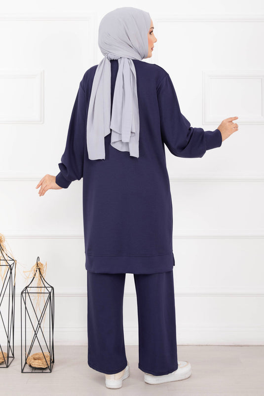 Taş İşleme Çiçek Detaylı Tesettür İkili Takım Lacivert