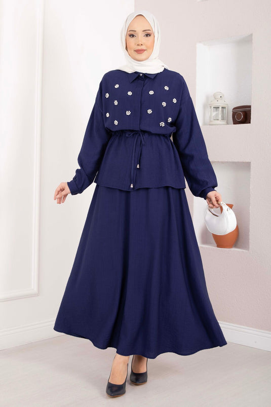 Stone-Embroidered Waist Tunnel Skirt Set Navy Blue