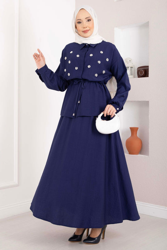 Ensemble jupe à taille froncée avec broderie en pierre, bleu marine