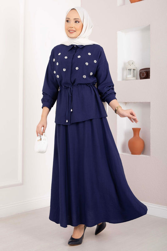 Ensemble jupe à taille froncée avec broderie en pierre, bleu marine