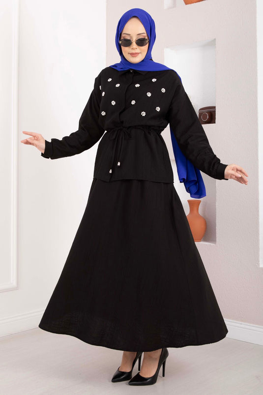 Ensemble jupe à taille froncée avec broderie en pierre, noir