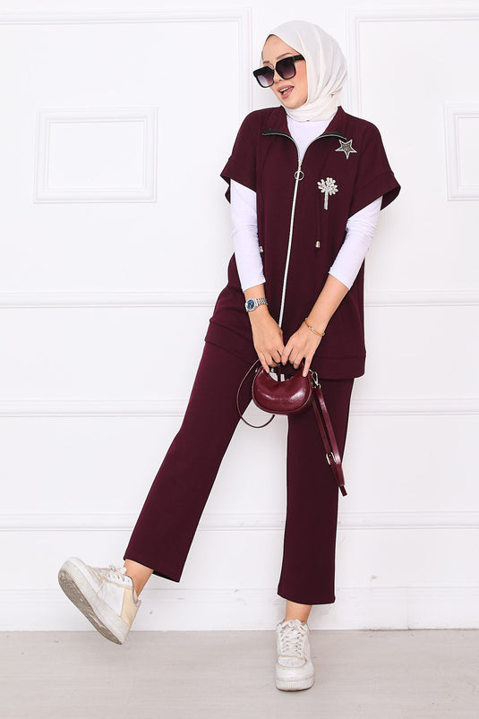 Ensemble gilet zippé brodé de pierres bordeaux