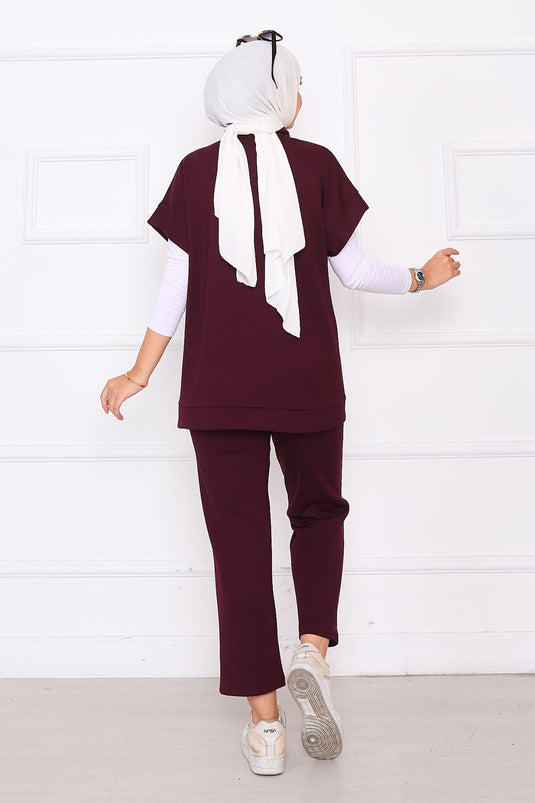 Ensemble gilet zippé brodé de pierres bordeaux