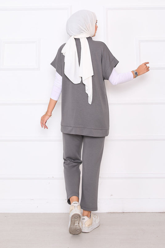 Ensemble gilet zippé brodé de pierres gris