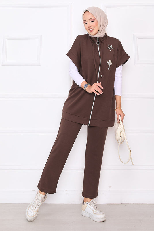 Ensemble gilet zippé brodé de pierres marron