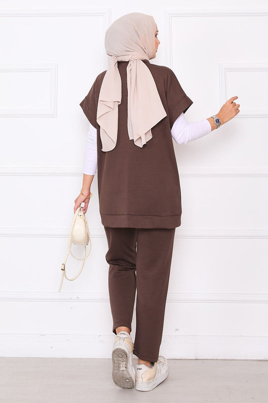 Ensemble gilet zippé brodé de pierres marron