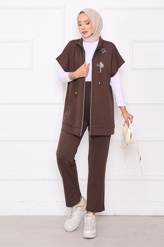 Ensemble Gilet Brodé Marron Avec Zip