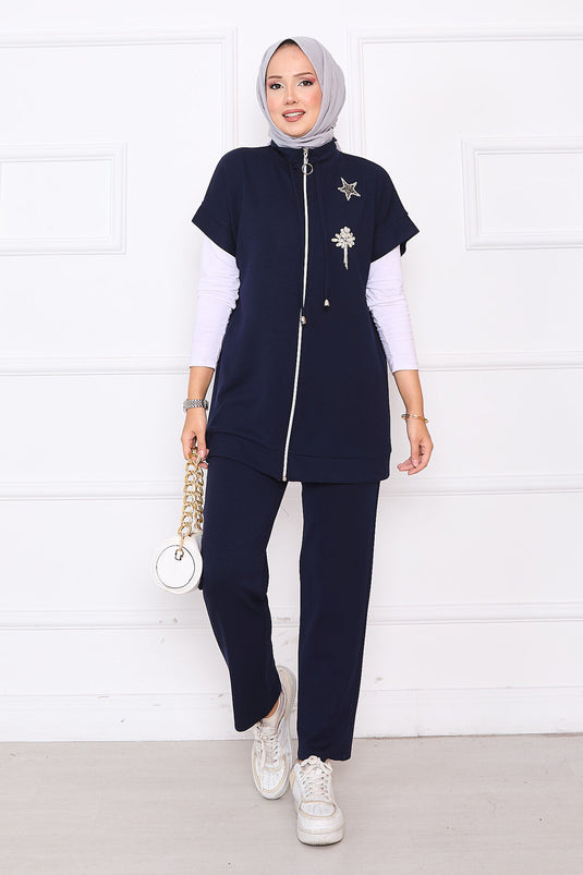 Ensemble gilet zippé brodé de pierres bleu marine