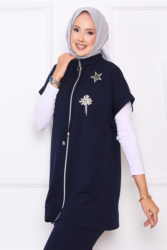 Ensemble Gilet Zippé Brodé Bleu Marine