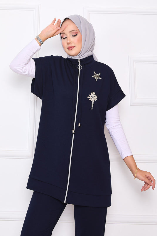 Ensemble gilet zippé brodé de pierres bleu marine