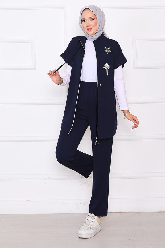 Ensemble gilet zippé brodé de pierres bleu marine