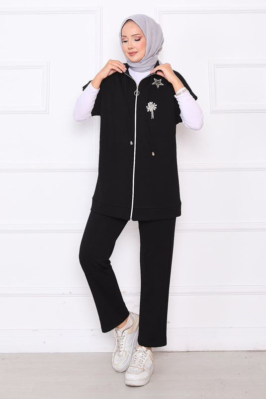 Ensemble gilet zippé brodé de pierres noir